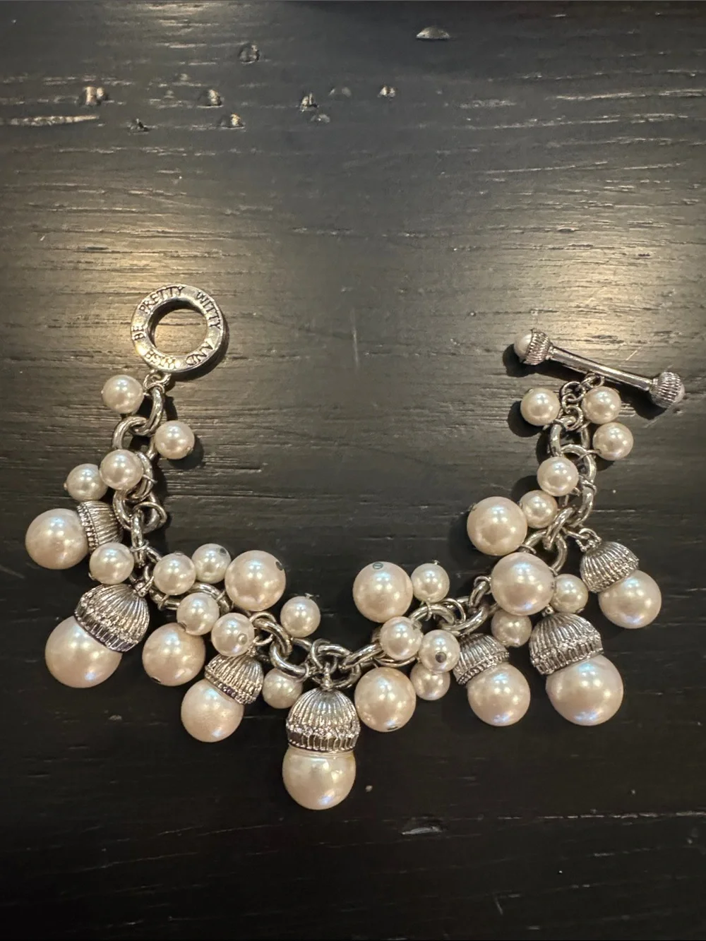 Rare Brighton “My Flat in London” SilverTone Chunky Pearl Charm Bracelet Retired
